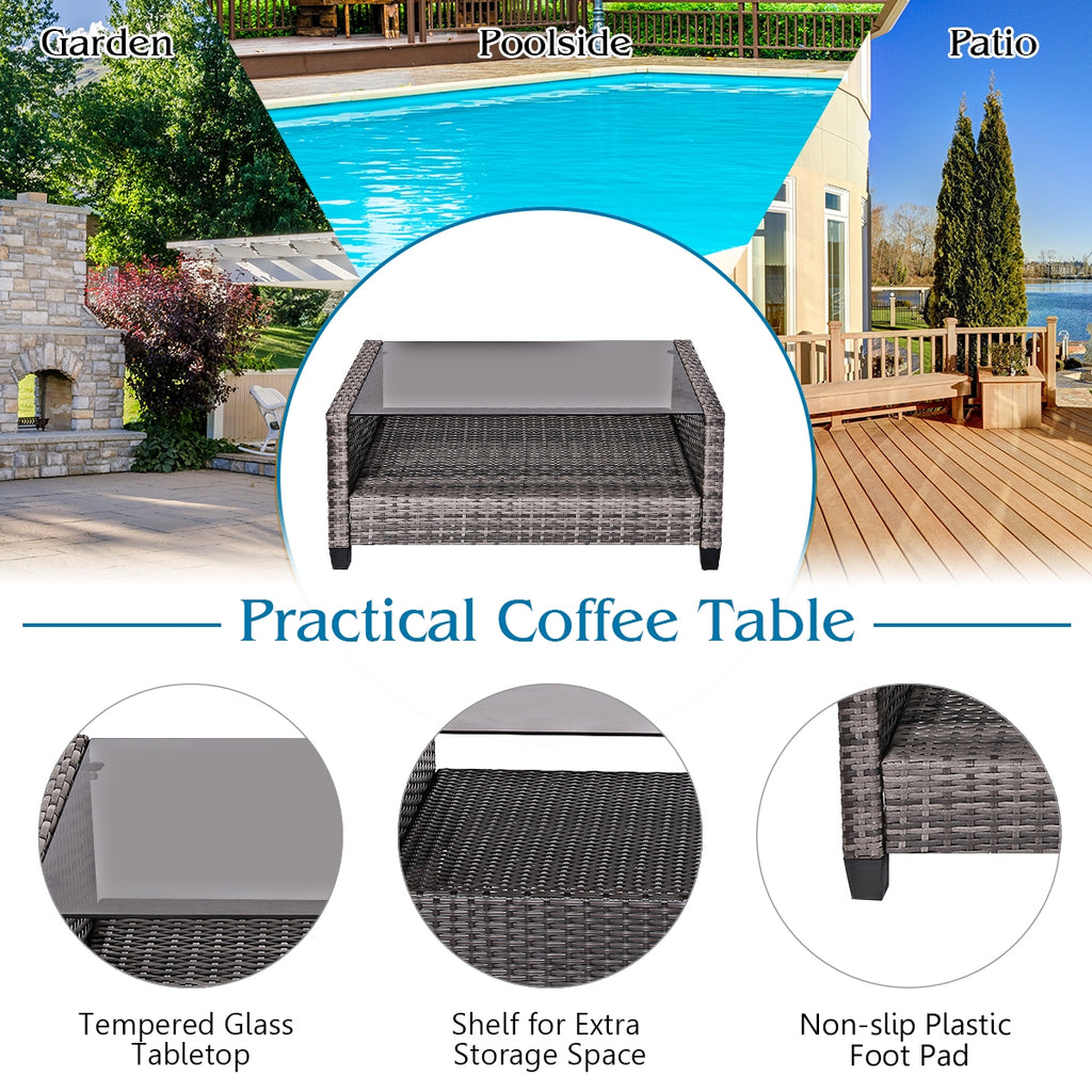 4-Piece Patio Rattan Furniture Set with Loveseat, Sofas & Coffee Table - Gray