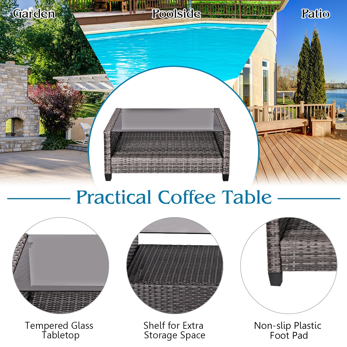 4-Piece Patio Rattan Furniture Set with Loveseat, Sofas & Coffee Table - Gray