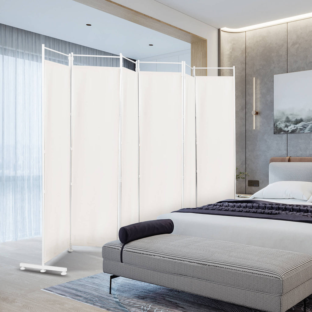 6-Panel Room Divider with Steel Support Base - White, No Wheels, Adjustable Feet