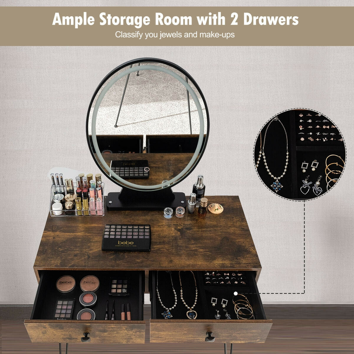 Makeup Dressing Table with LED Lighting - Rustic Brown