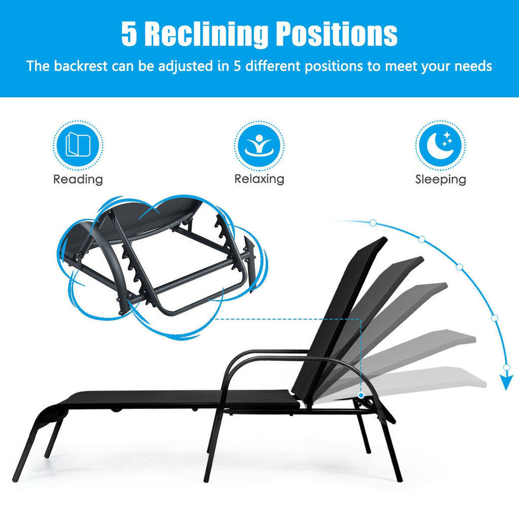 Adjustable Patio Chaise Lounge Chair with Backrest - Black