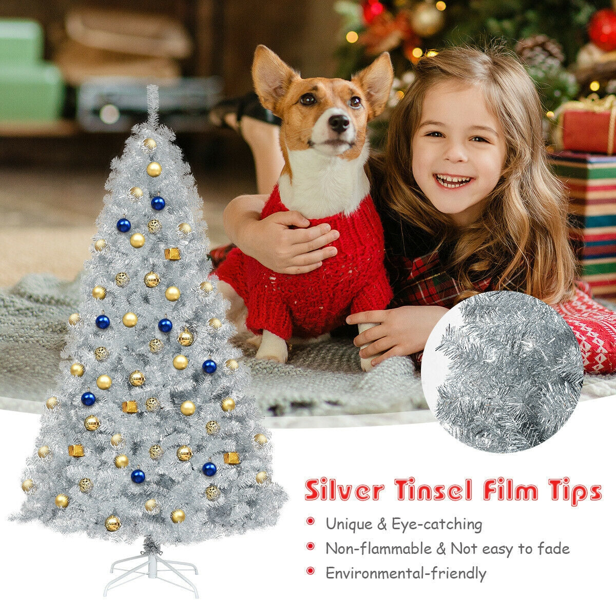 7.5 Ft Hinged Unlit Silver Artificial Christmas Tree - Indoor Outdoor Decor