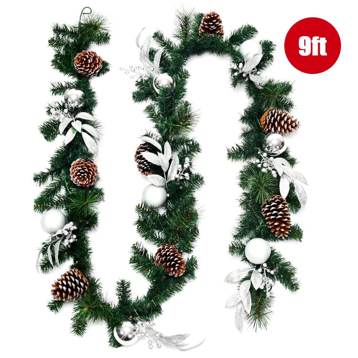 Silver Leaf 9ft Pre-Lit Artificial Christmas Garland with LED Lights