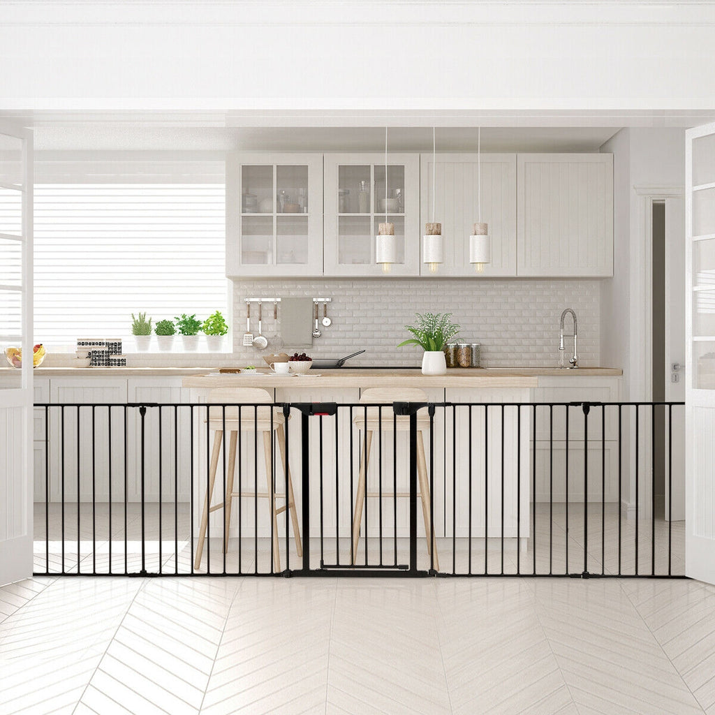 5-Panel Adjustable Metal Fireplace Fence with Locking Door - Black, 115 Inch