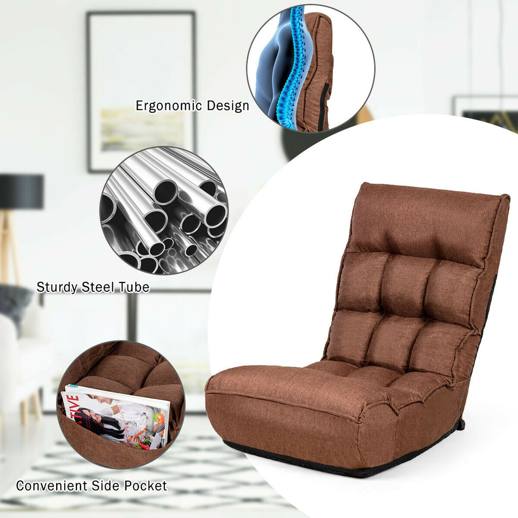 4-Position Adjustable Floor Chair Folding Lazy Sofa - Coffee