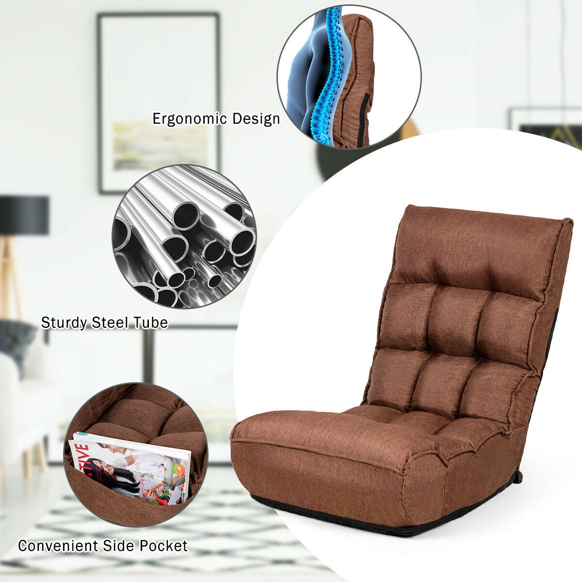 4-Position Adjustable Floor Chair Folding Lazy Sofa - Coffee