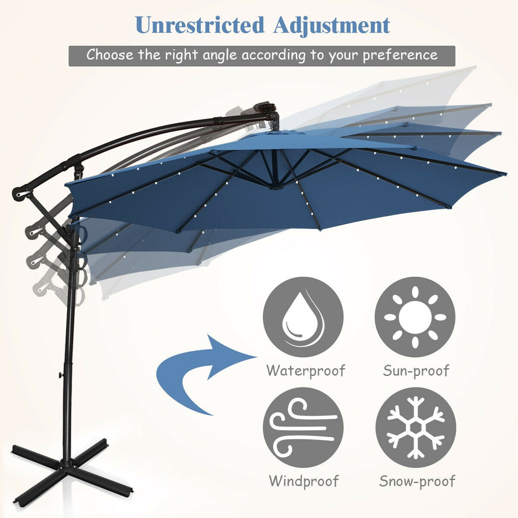 10 x 8 Feet Solar LED Patio Umbrella, 360° Rotation, Blue