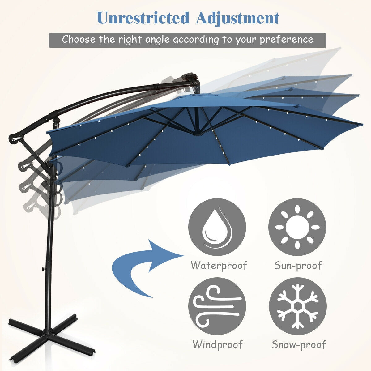10 x 8 Feet Solar LED Patio Umbrella, 360° Rotation, Blue
