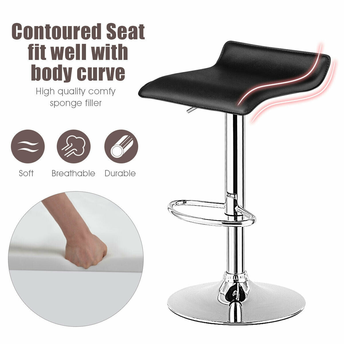 Adjustable PU Leather Bar Stools Set of 2 - Black
