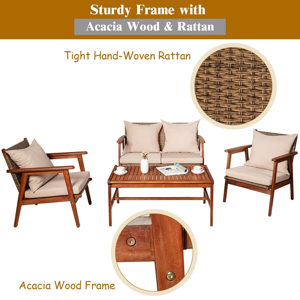 4-Piece Acacia Wood Patio Rattan Furniture Set with Cushions - Brown