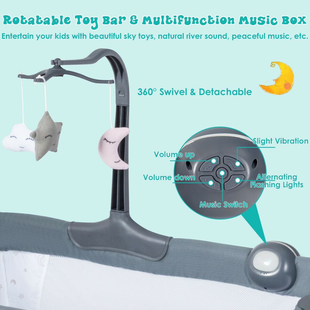 Height Adjustable Baby Side Crib with Music Box & Toys - Dark Gray