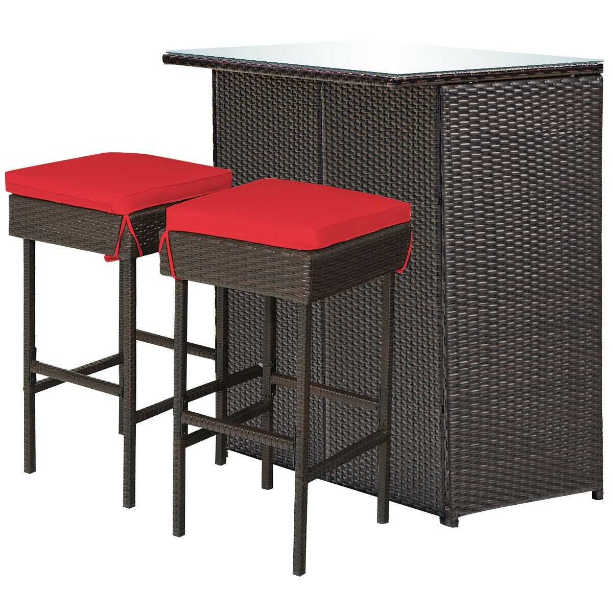 3 Pieces Outdoor Rattan Wicker Bar Set with 2 Cushions Stools