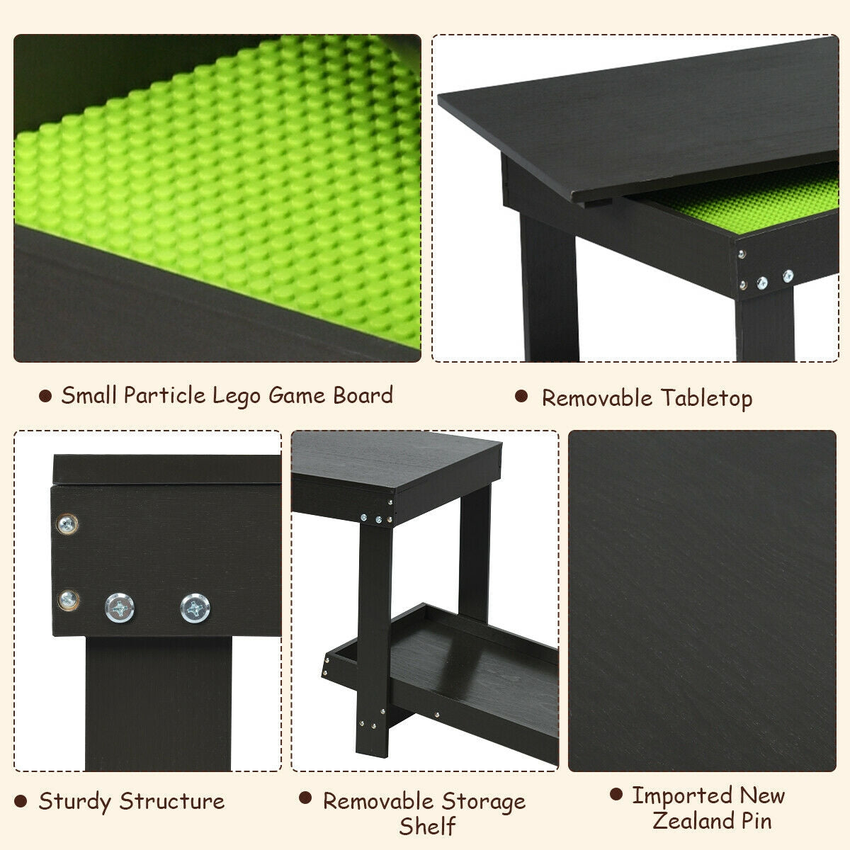 Building Brick Table - Dark Brown Kids Activity Play Table with Storage