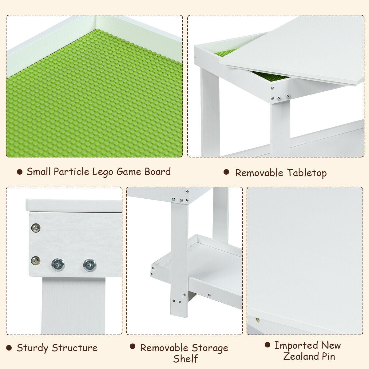 Kids Building Brick Play Table - White, Multifunctional Wooden Activity Table for Children