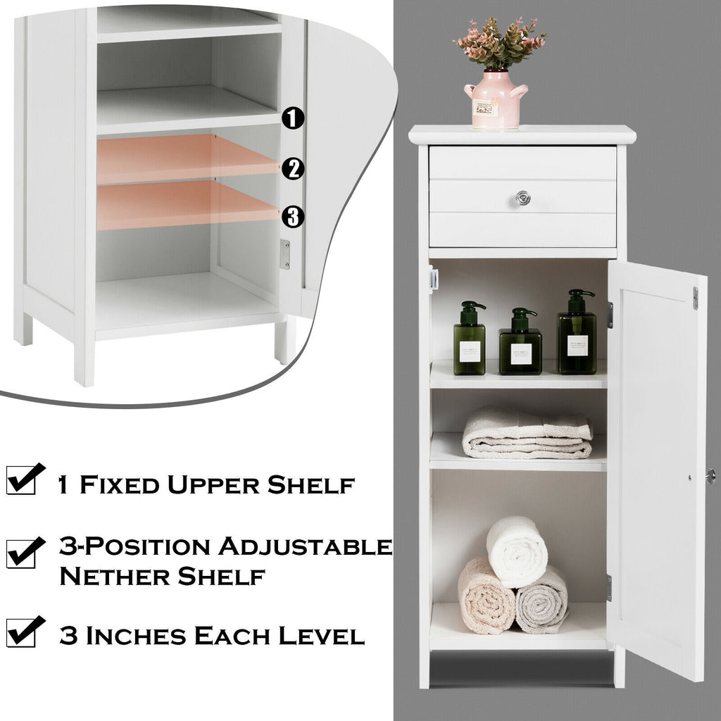 Wooden Bathroom Floor Storage Cabinet with Drawer and Adjustable Shelf