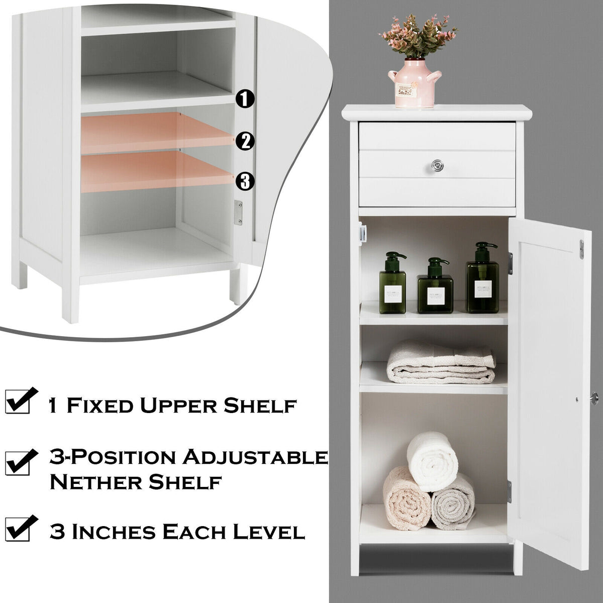Wooden Bathroom Floor Storage Cabinet with Drawer and Adjustable Shelf
