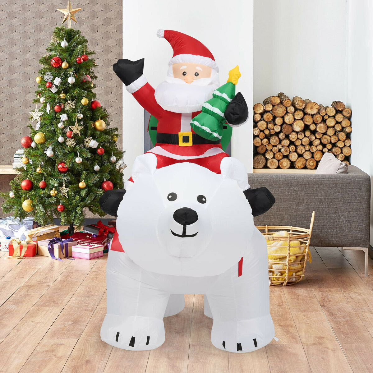 Christmas Inflatable Santa Riding Polar Bear with Shaking Head & LED Lights - 6.5 Feet - Variation: Santa Claus Riding White Bear