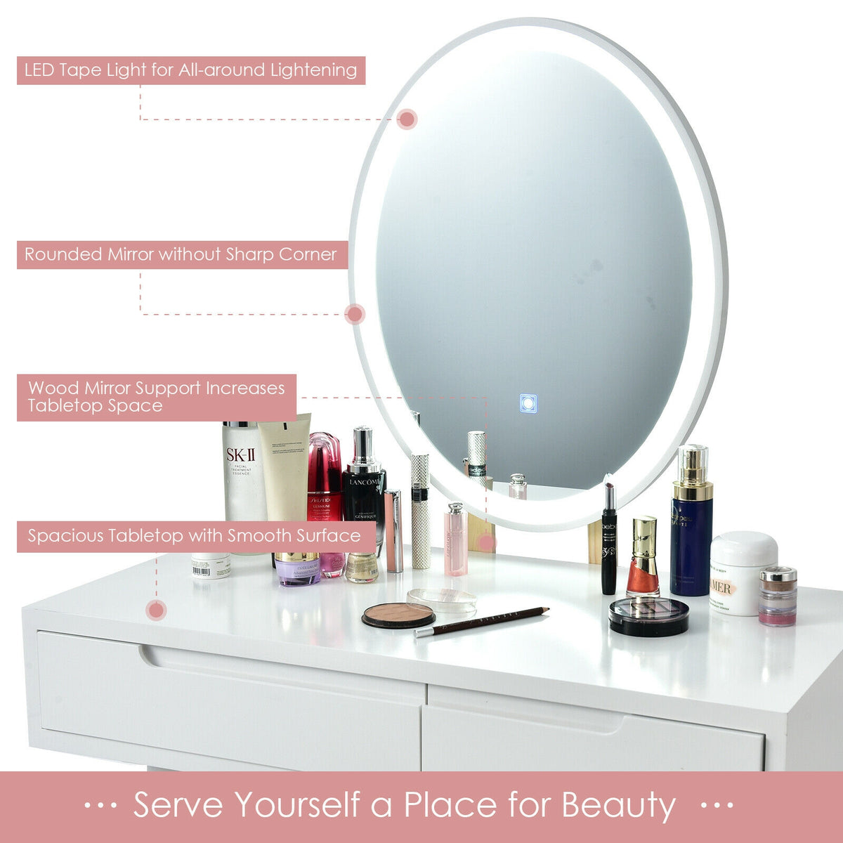 Lighted Makeup Vanity Table with Stool - White