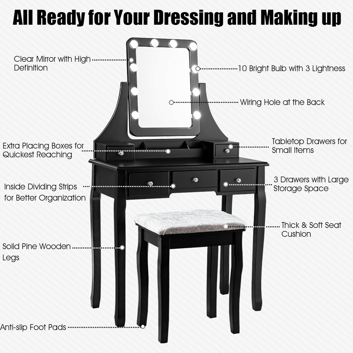 Dressing Table with 10 Dimmable Bulbs and Cushioned Stool - Black