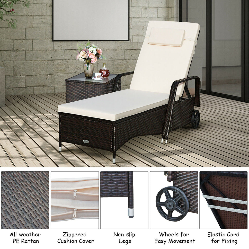 Patio Wicker Chaise Lounge Chair with Wheels - White