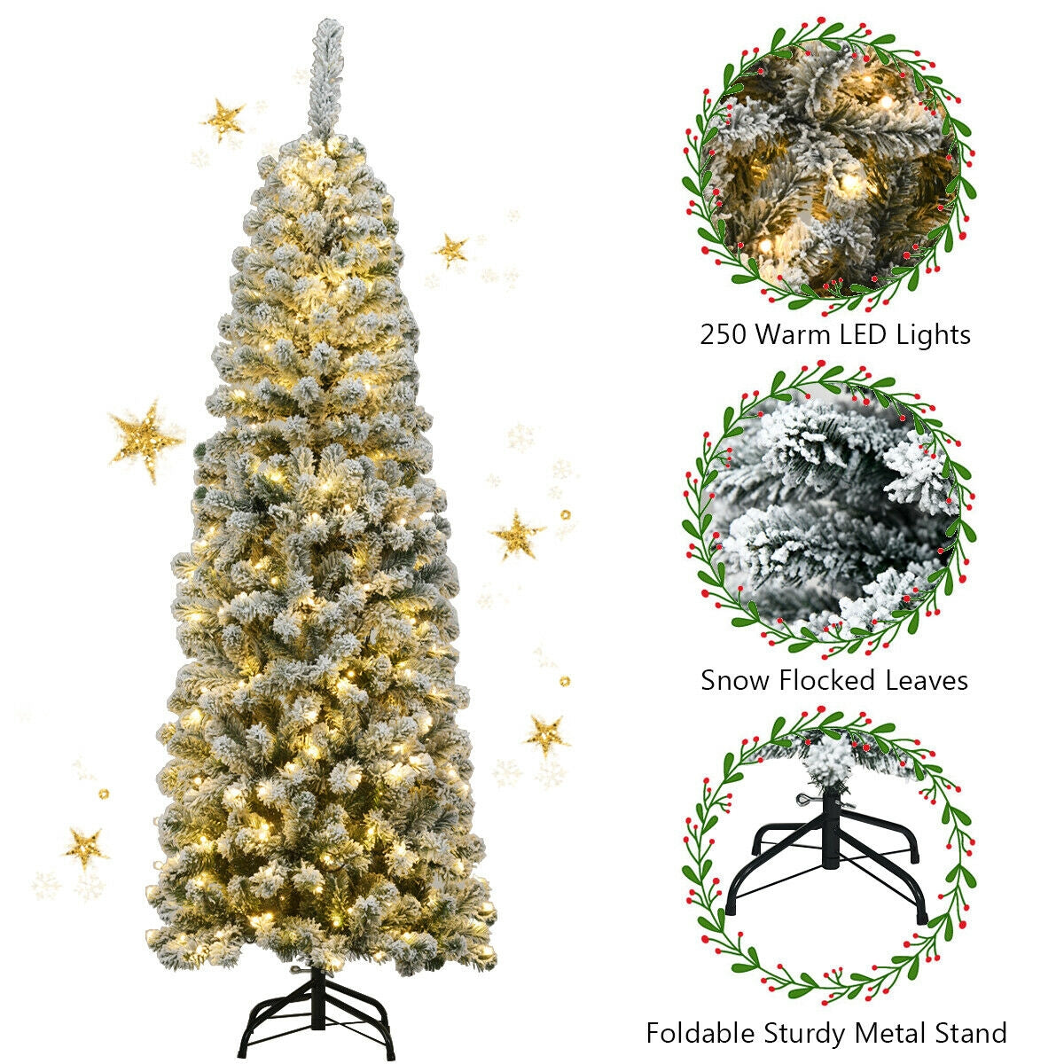 Pre-lit Snow Flocked Artificial Christmas Tree - 6 Feet with 250 LED Lights