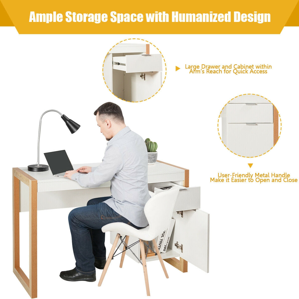 Modern Computer Desk with Storage Cabinet Drawer - White