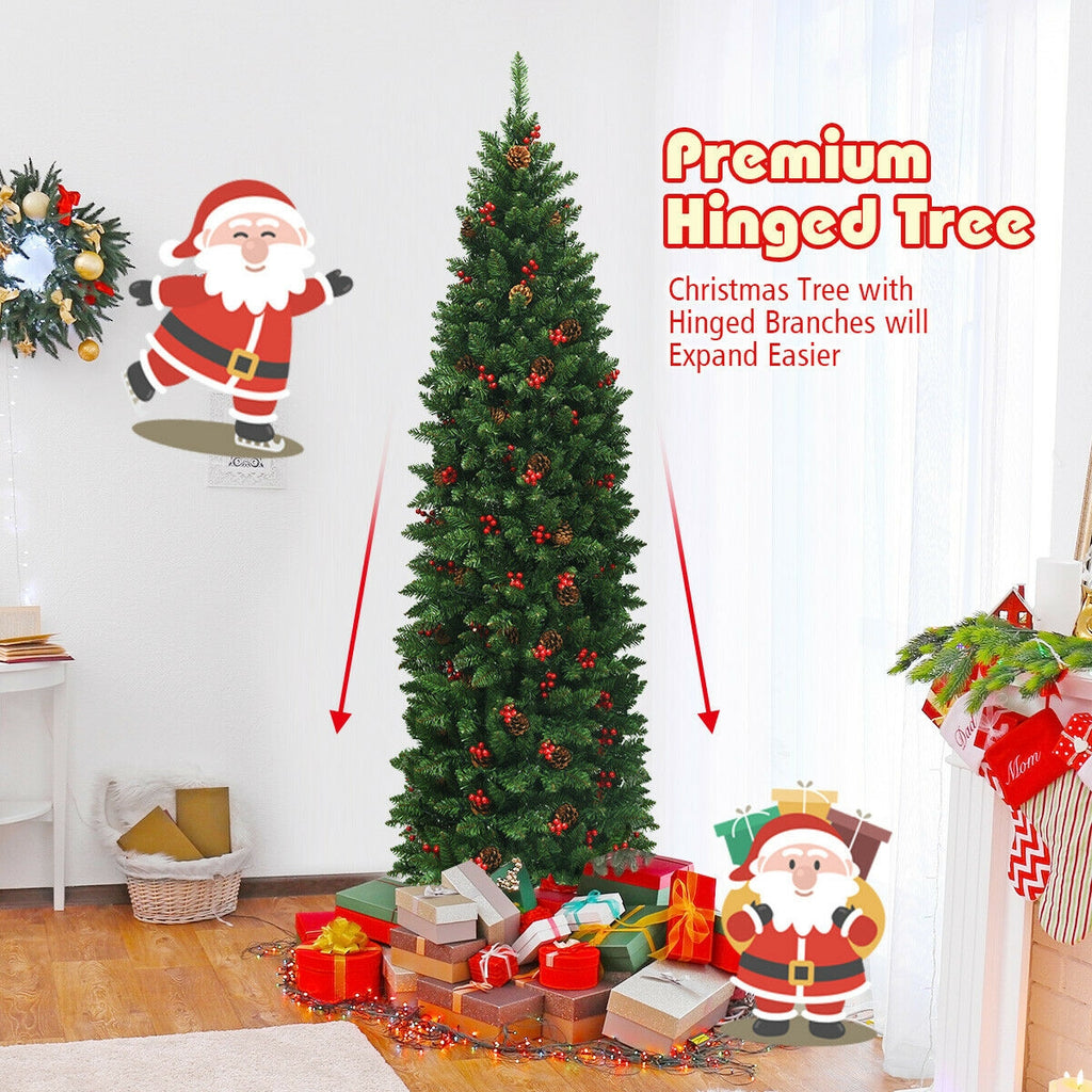 Pre-lit Artificial Christmas Tree 6.5Ft Slim Hinged Pencil Tree with Lights & Decorations