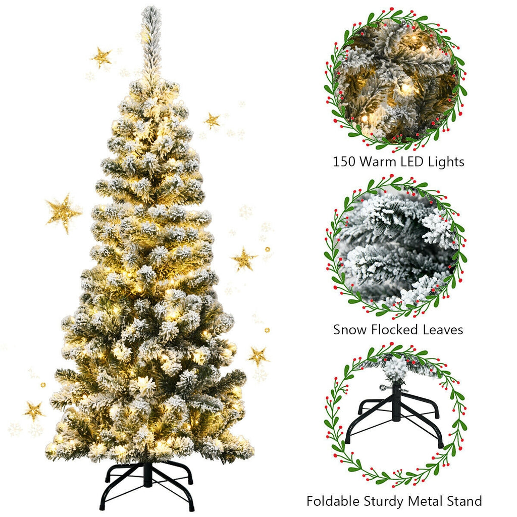 Pre-Lit Snow Flocked Pencil Christmas Tree with 150 LED Lights - 4.5 Feet