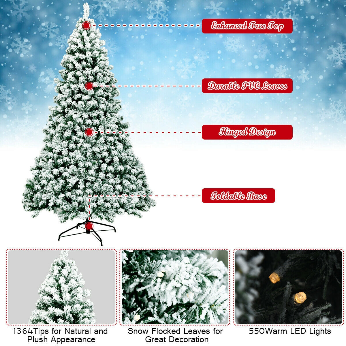 7.5 Feet Pre-Lit Snow Flocked Artificial Christmas Tree with 550 Lights