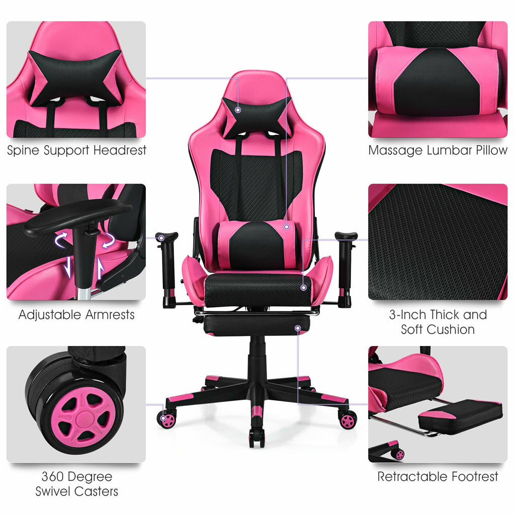 PU Leather Gaming Chair with USB Massage Lumbar Pillow, Footrest – Type-C, Pink