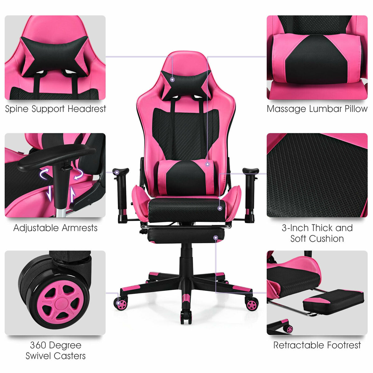 PU Leather Gaming Chair with USB Massage Lumbar Pillow, Footrest – Type-C, Pink