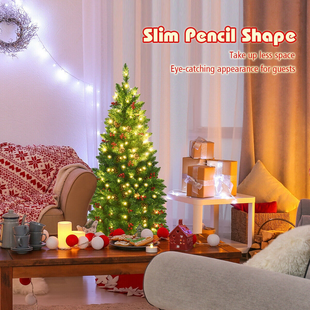 Pre-lit Hinged Pencil Christmas Tree with Pine Cones & Red Berries - 4.5 Feet