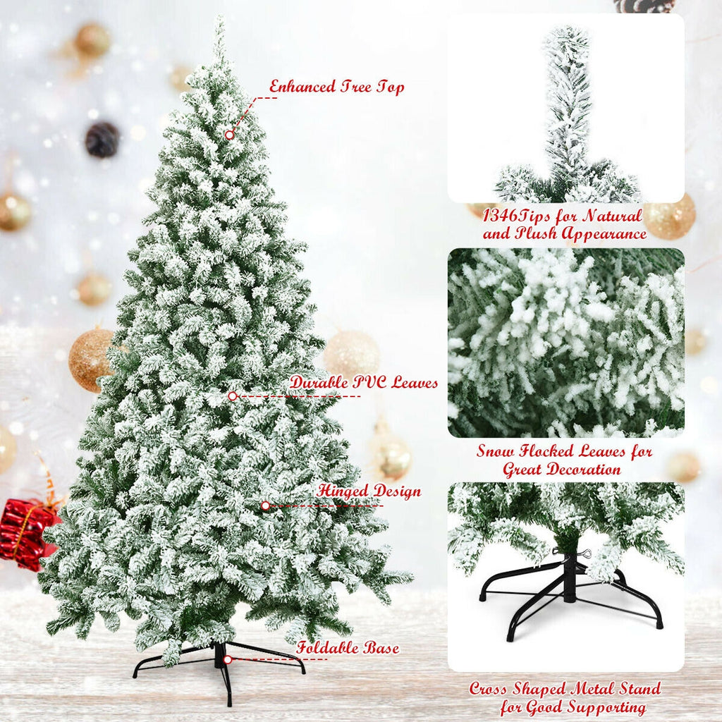 7.5 Feet Artificial Christmas Tree with Snow Flock, Hinged Design & Foldable Base