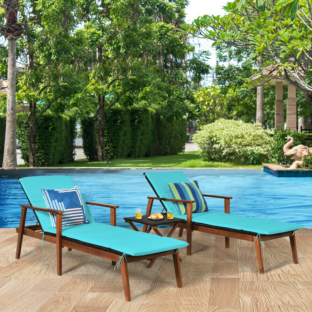 3 Pieces Portable Patio Cushioned Rattan Lounge Chair Set with