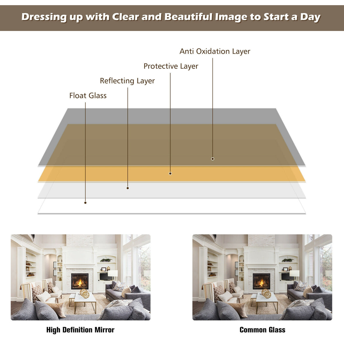 Full Length Metal Door Mirror with Adjustable Hooks - Brown, 42.5x14 Inch