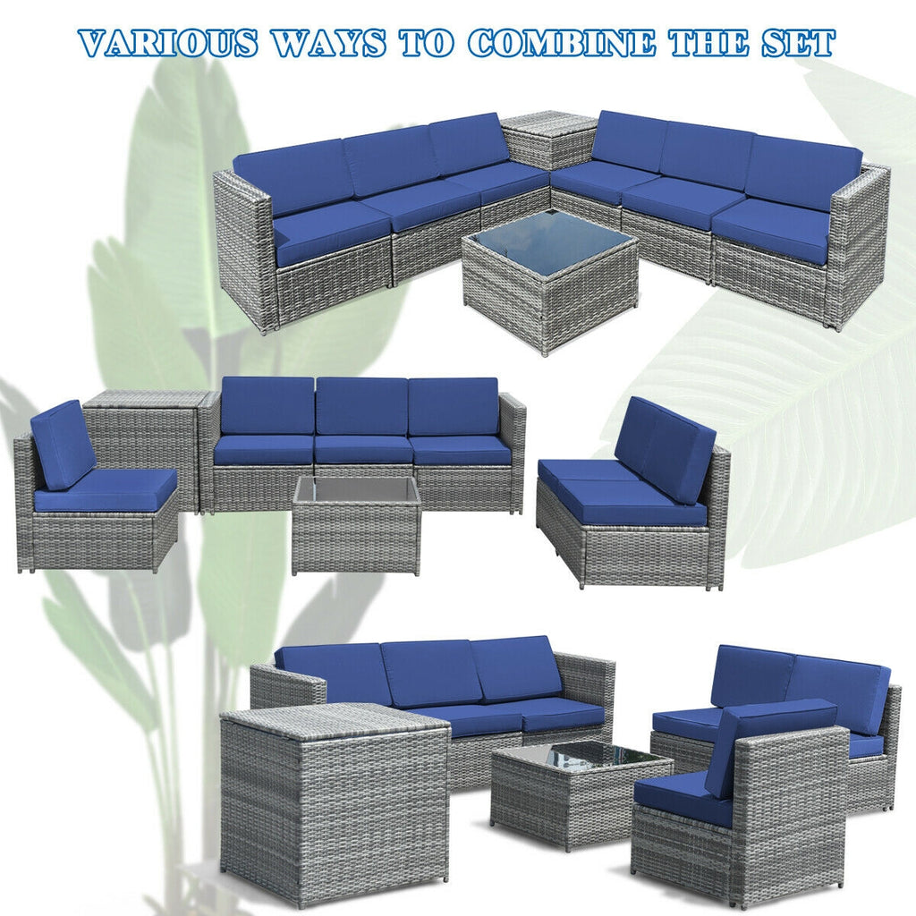 8-Piece Rattan Sofa Set with Storage Table - Gray Navy
