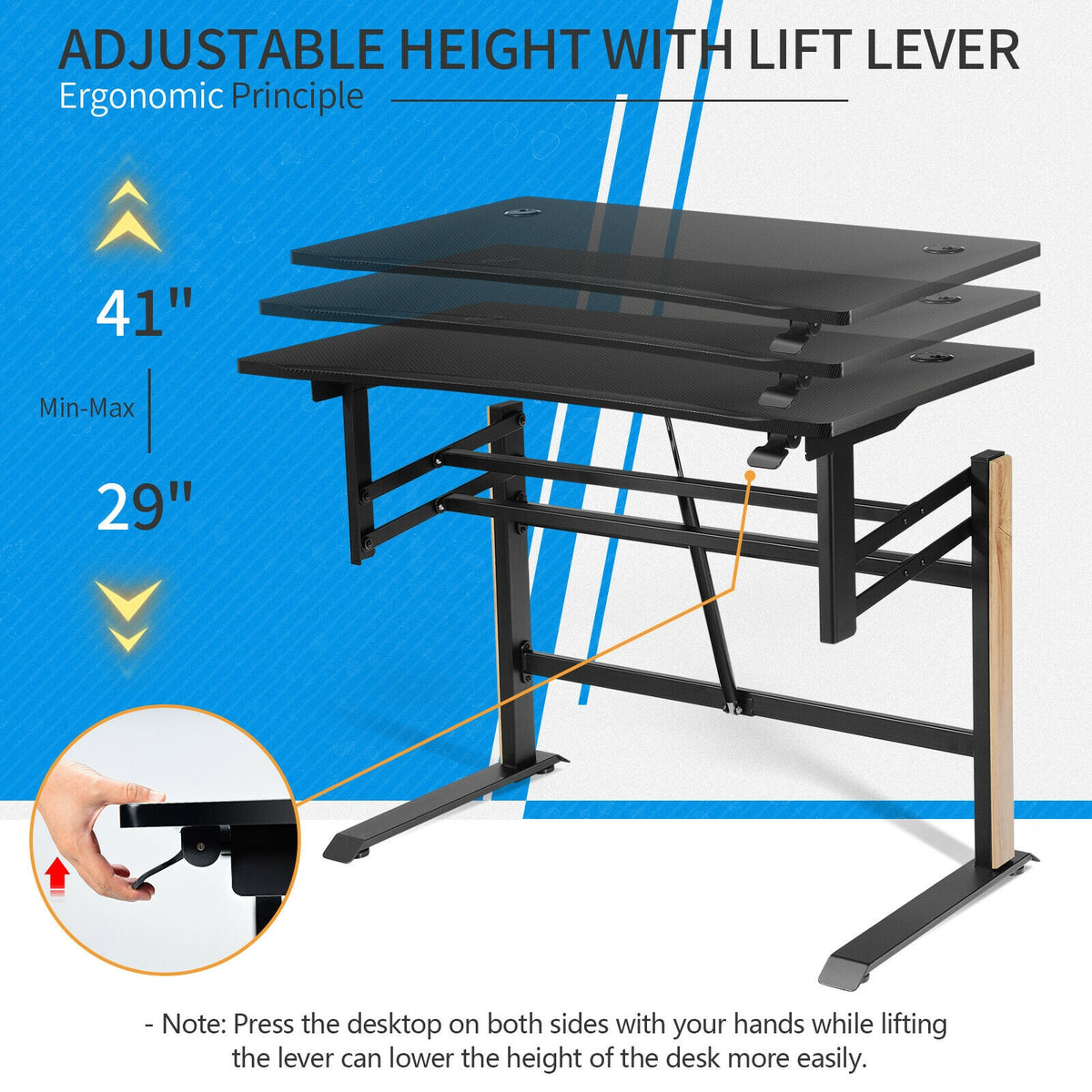 Pneumatic Height Adjustable Gaming Desk T Shaped - Black