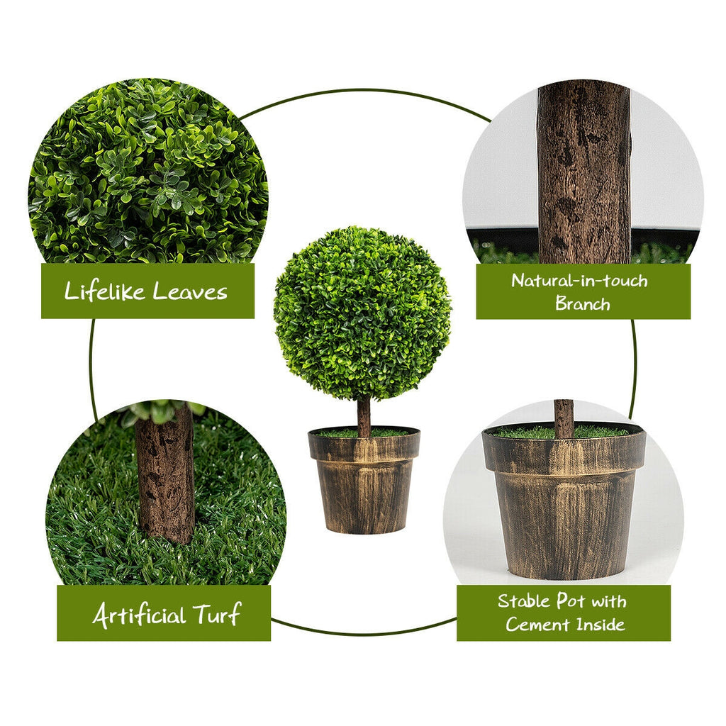 Artificial Boxwood Topiary Ball Tree with Moss - 24 Inch Faux Plant for Indoor & Outdoor Decor - Set of 2