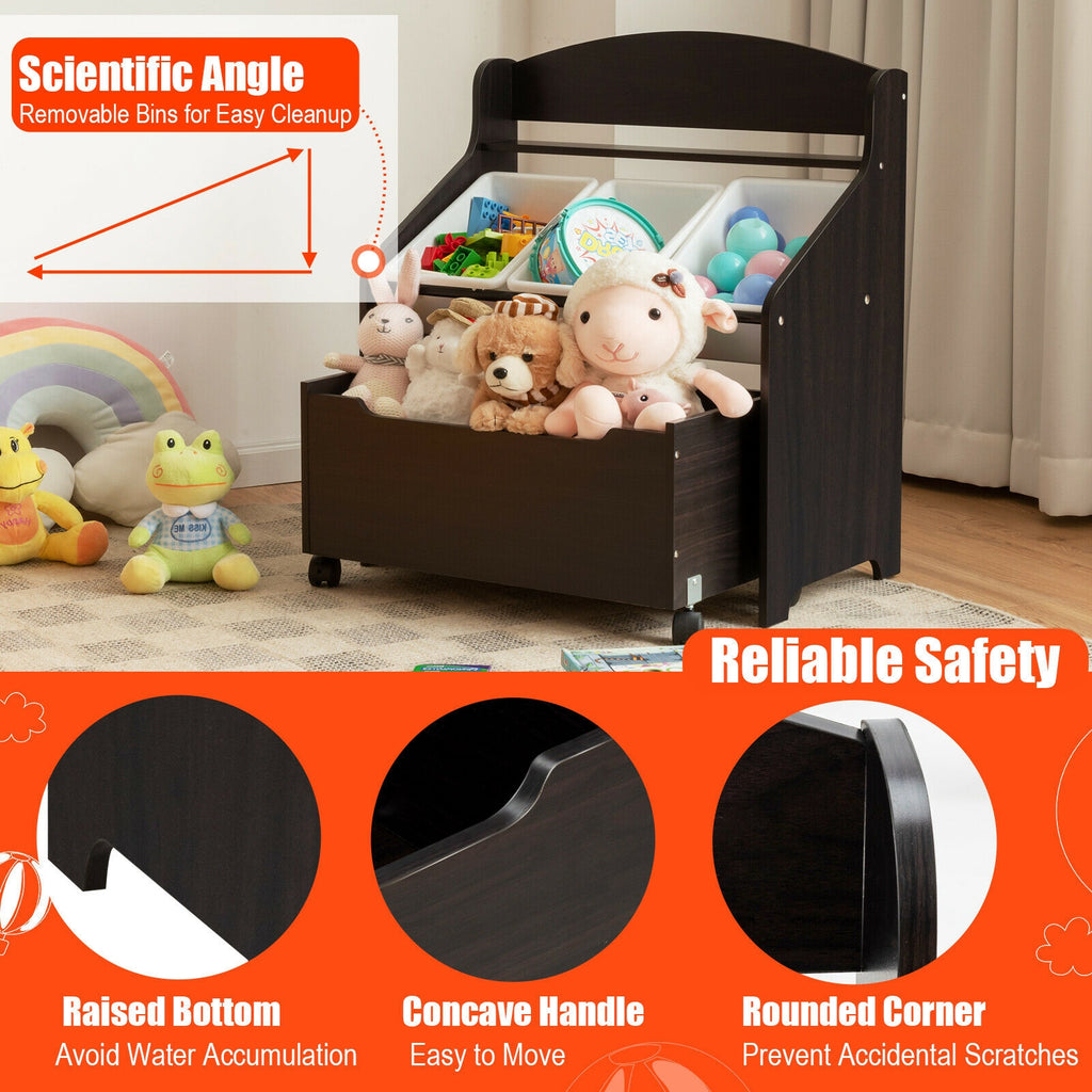 Kids Toy Storage Organizer with Rolling Toy Box and Plastic Bins - Dark Brown