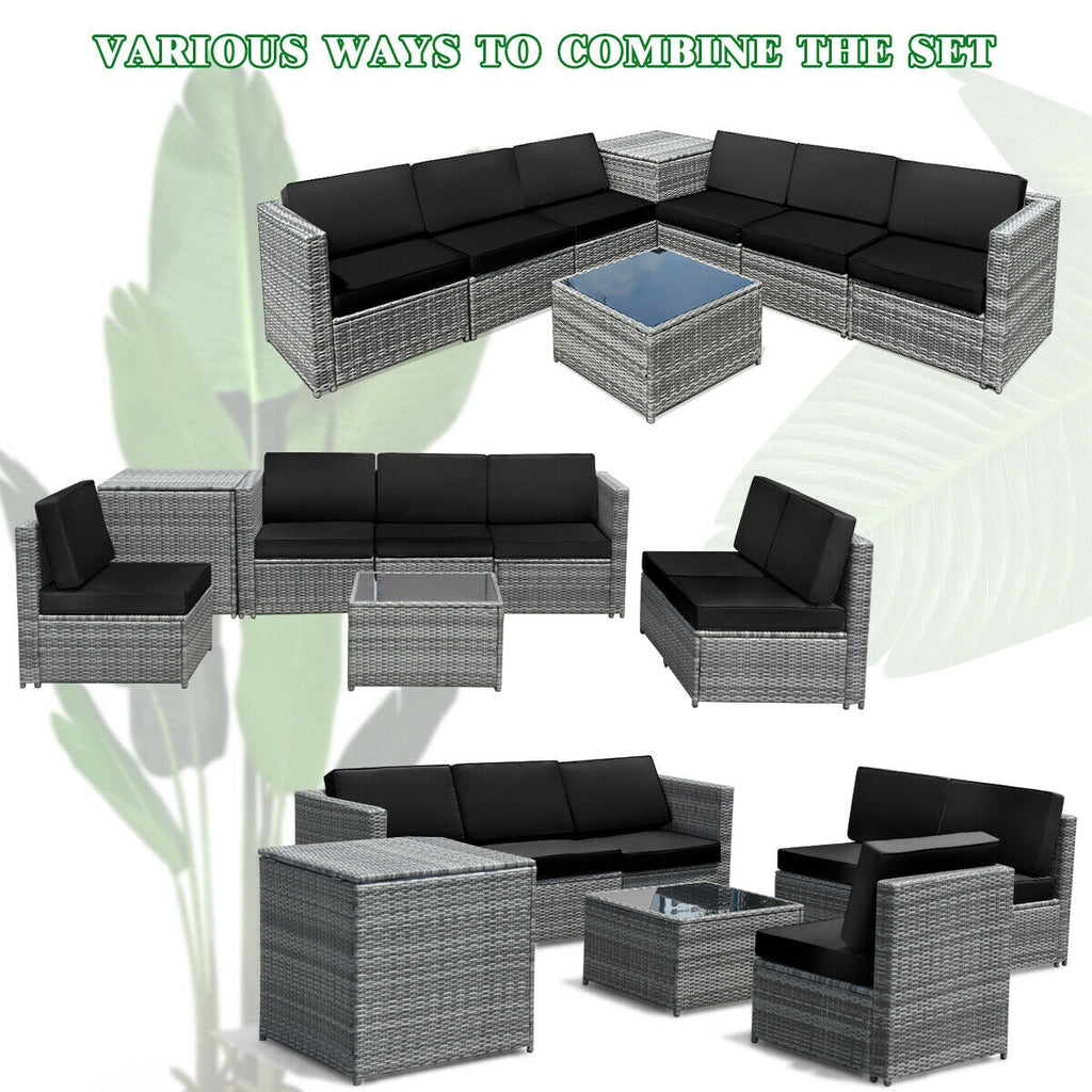 8-Piece Rattan Sofa Set with Storage Table - Gray Rattan, Black