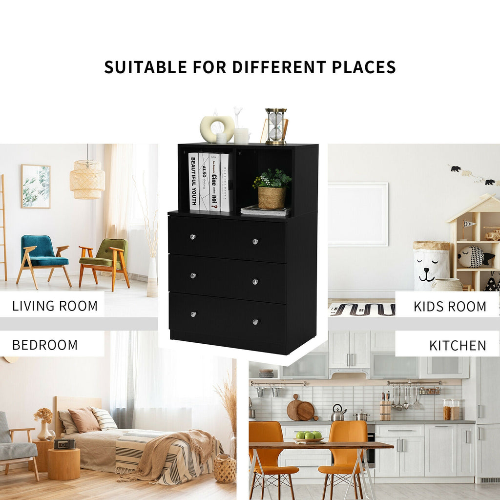 3 Drawer Dresser with Cubbies Storage Chest - Black