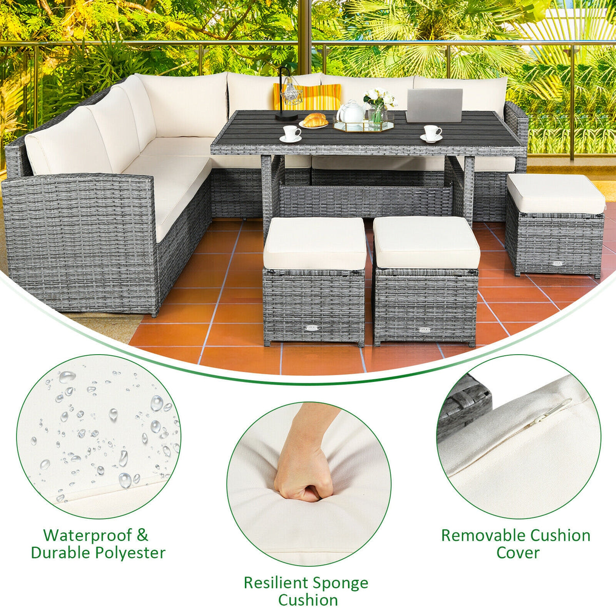 7-Piece Outdoor Wicker Sectional Sofa Set with Dining Table - Beige