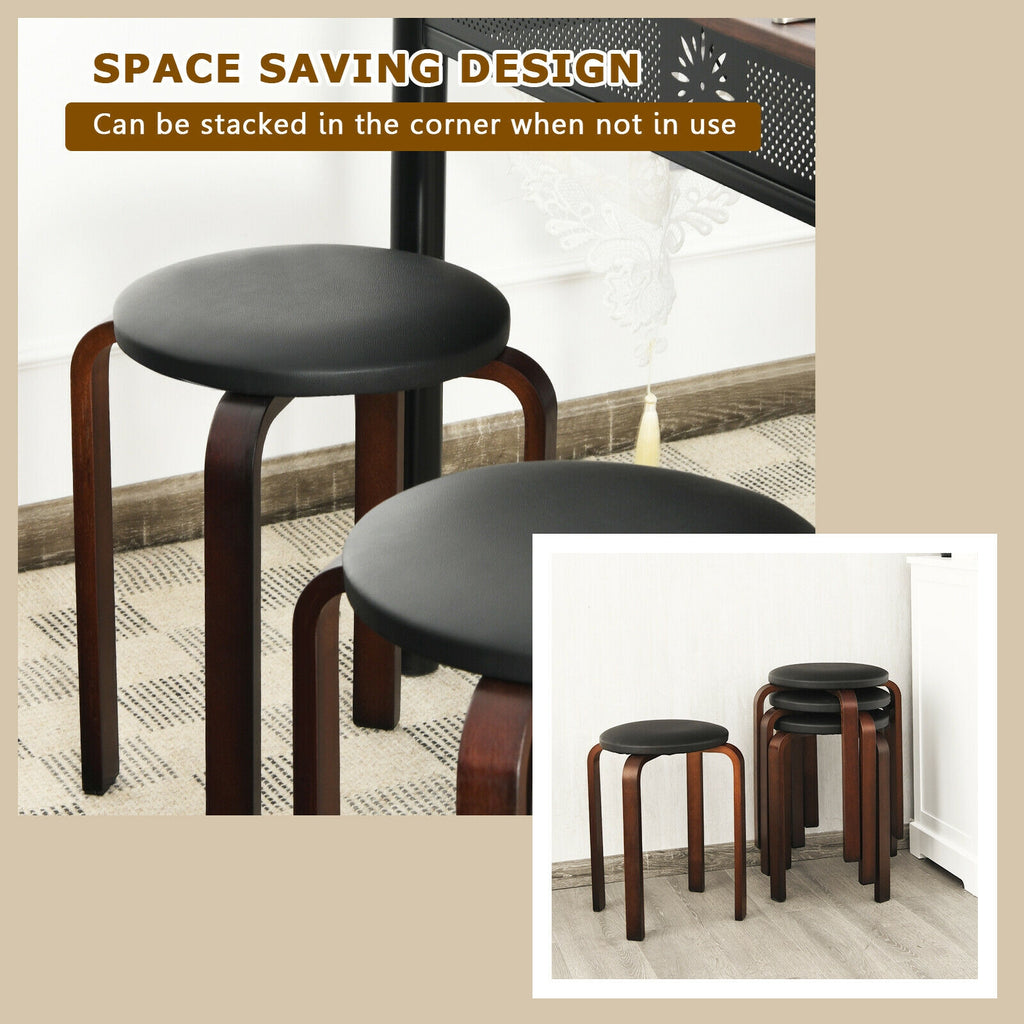 Bentwood Stack Stools with PU Leather Round Top, Black