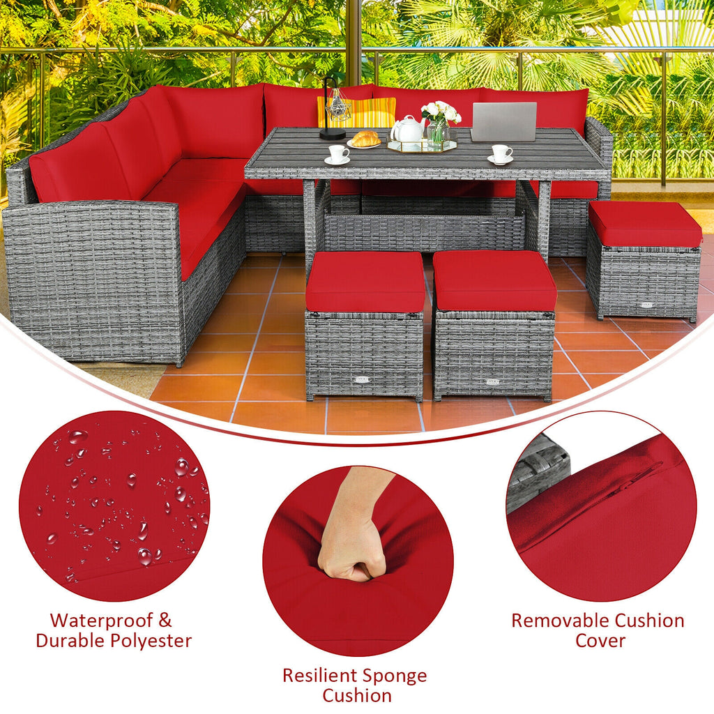 7 Pieces Outdoor Wicker Sectional Sofa Set with Dining Table