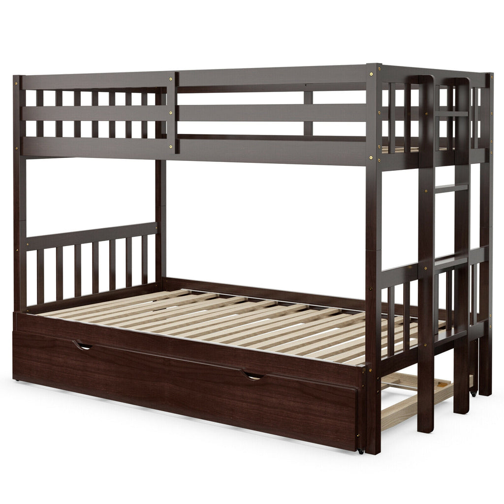 Twin Bunk Bed with Trundle & Wooden Ladder - Dark Brown