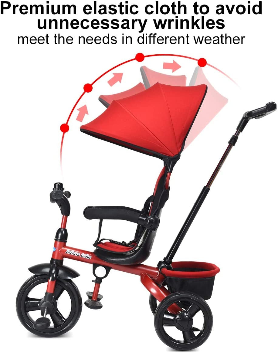 Kids Tricycle with Adjustable Push Handle - Red Safety & Comfort Features