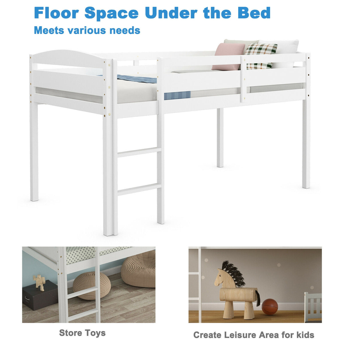 Twin Loft Bed with Guardrail and Ladder, White