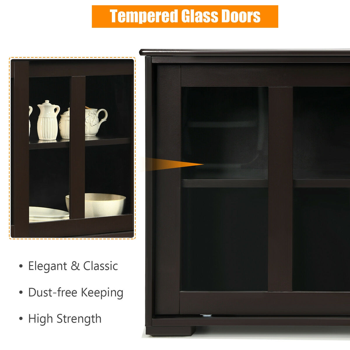 Sideboard Buffet Storage Cabinet Sliding Glass Door - Brown