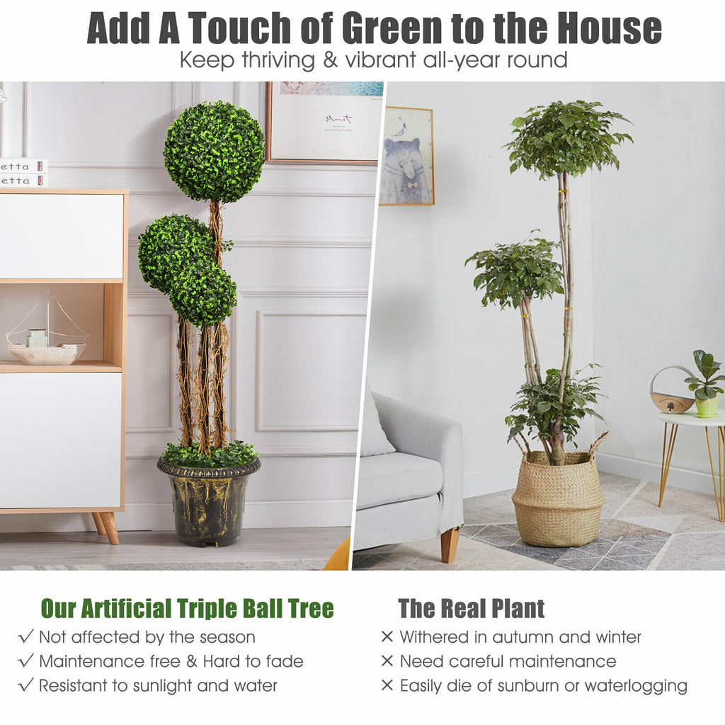 4 Feet Artificial UV-Resistant Topiary Triple Ball Tree Plant - Costway