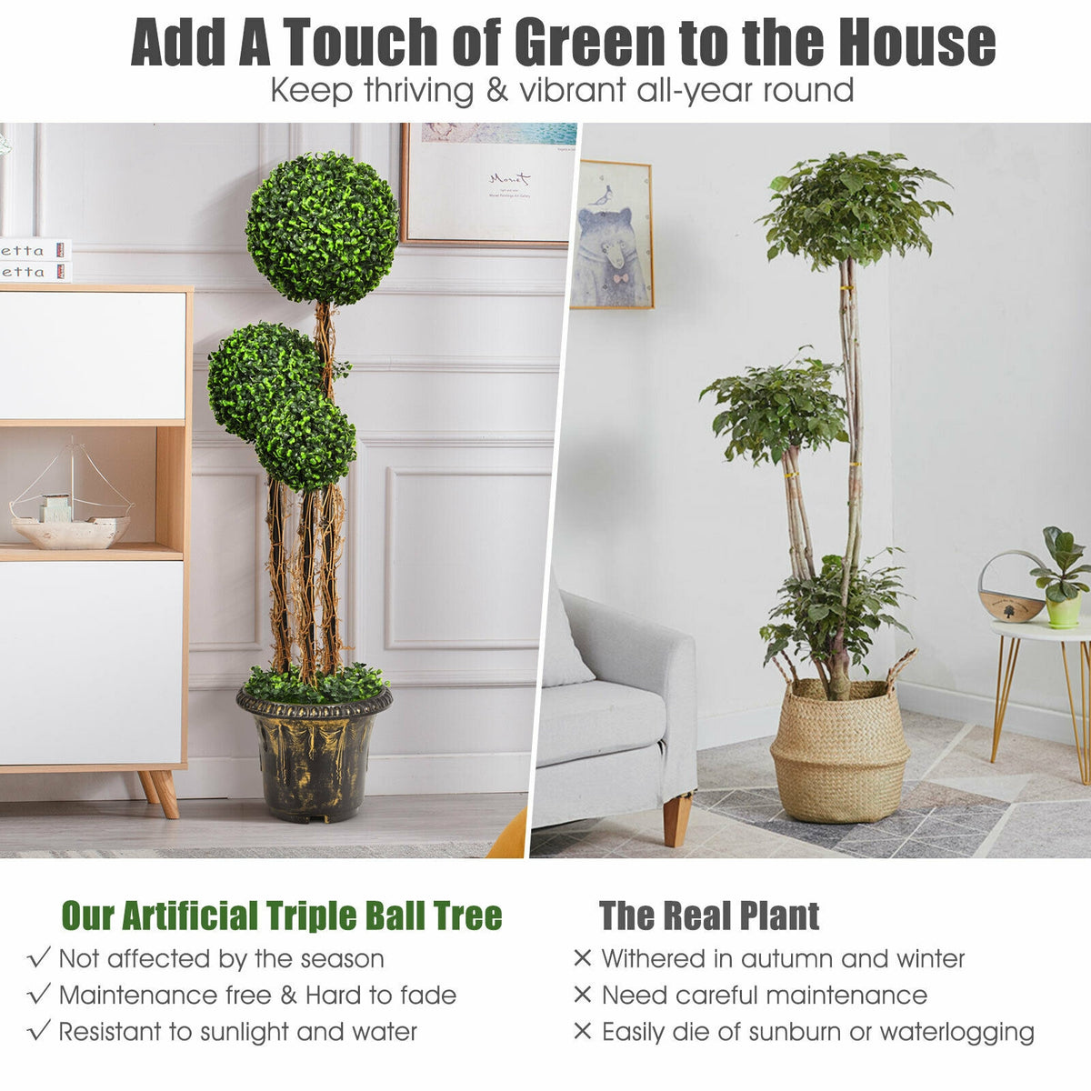 4 Feet Artificial UV-Resistant Topiary Triple Ball Tree Plant - Costway